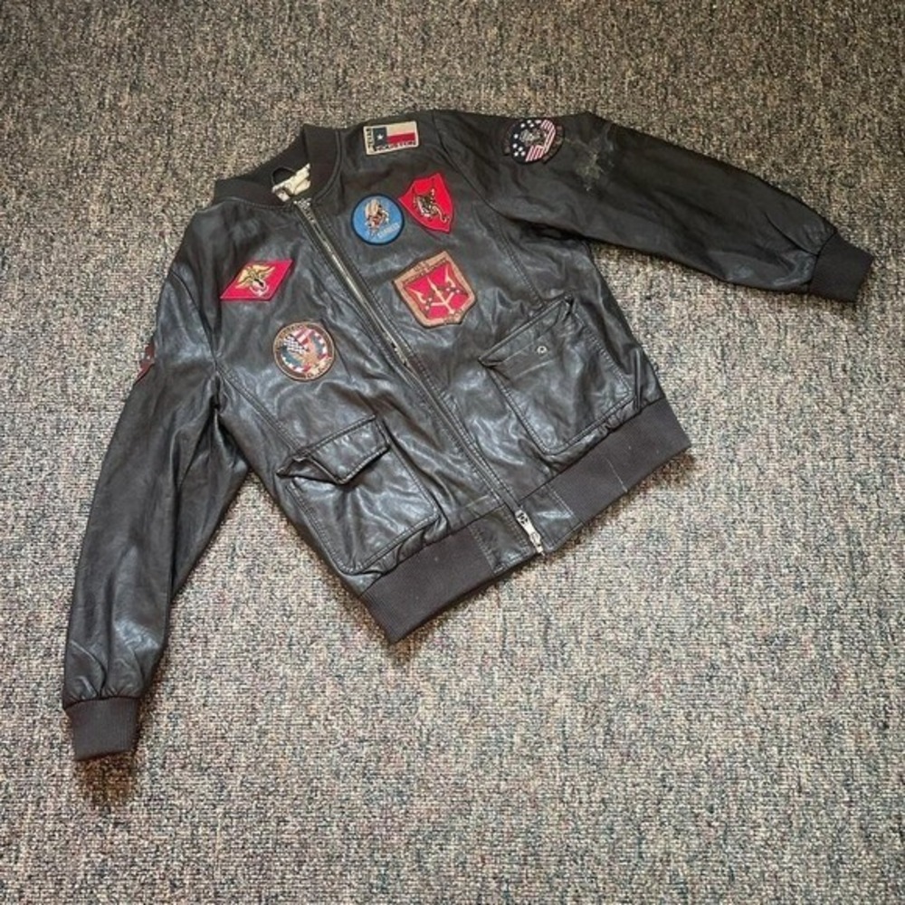 Top Gun Mens MA-1 Bomber Jacket Faux Leather Patched Brown 3X 18-10137-P‎